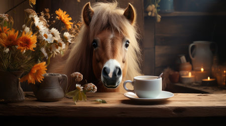 Horse with cup of coffee on wooden table in room with flowersの素材