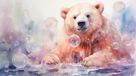 Watercolor Polar bear is playing with soap bubbles.の素材