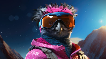 Winter sports. Owl wearing ski goggles and a pink jacket.の素材