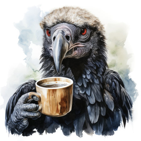 Watercolor vulture with a cup of coffee.の素材