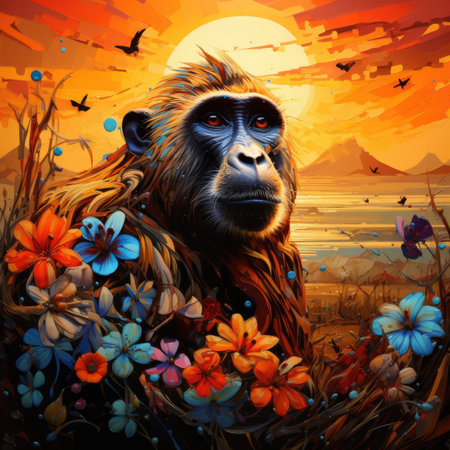 Chimpanzee at sunset in a meadow with flowers.の素材