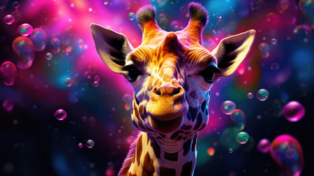 Giraffe on a colorful background with bubbles.の素材