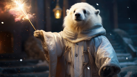 Polar bear with a sparkler in the hands of a manの素材