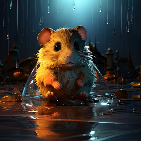 Hamster in a glass vase on a dark background.の素材