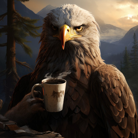 Bald Eagle with cup of coffee in the mountains.の素材