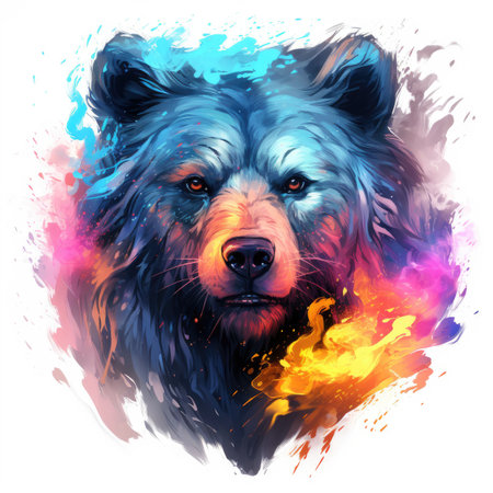 Portrait of a bear with a fire in the background.の素材