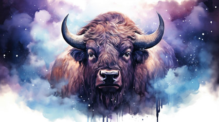 a buffalo in the sky with clouds.の素材