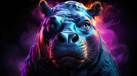 Hippopotamus head in neon light.の素材