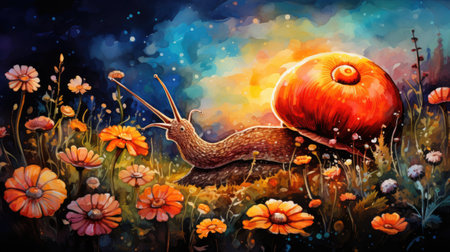 Cartoon snail in the meadow with flowers.の素材