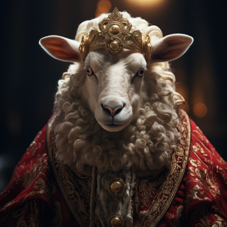 Portrait of a sheep in a red dress and a crown.の素材