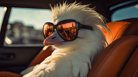 White swan with sunglasses sitting in the back seat of a carの素材