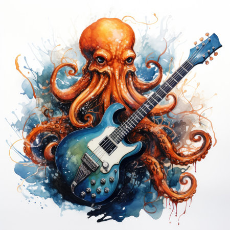 Watercolor Octopus with electric guitar on white backgroundの素材