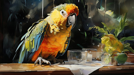 Colorful macaw parrot sitting on a wooden table in a cafeの素材