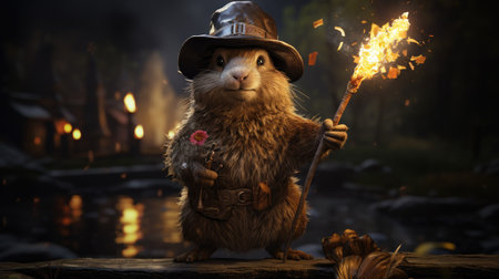 Halloween rabbit with a burning fire in his hands.の素材