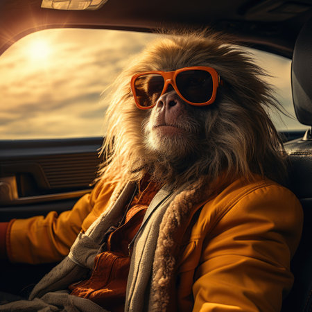 Portrait of an old man in sunglasses sitting in a car.の素材