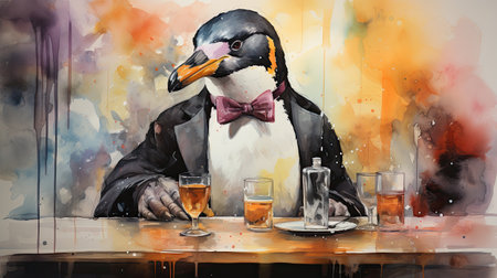 Penguin with a glass of whisky on a table in a restaurantの素材