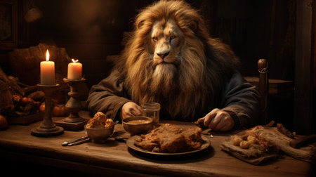 Lion and a plate of food on the table in the darkの素材