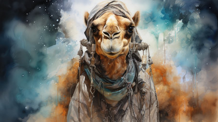Watercolor Portrait of a camel in the desert.の素材