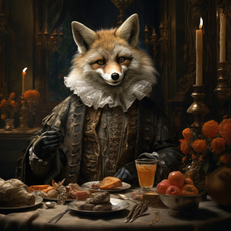Vintage portrait of a fox in a medieval dress sitting at the table.の素材