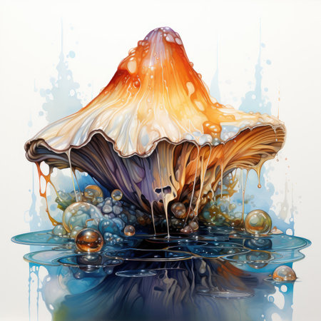 Fantasy mushroom in water with bubbles and drops.の素材