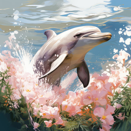 a dolphin jumping out of the water with flowers in the backgroundの素材