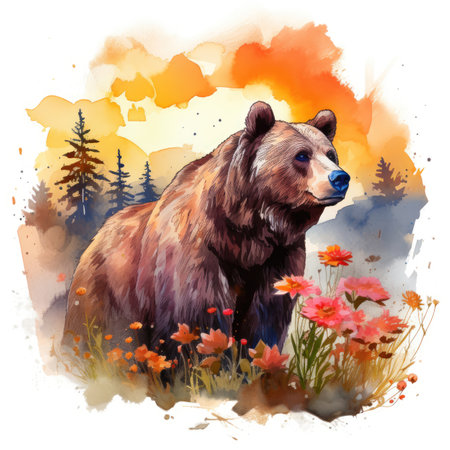 Watercolor brown bear on a meadow with flowers.の素材