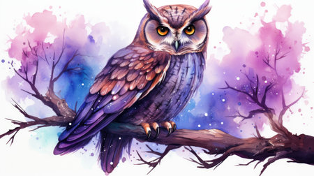 Watercolor beautiful owl sitting on a tree branch.の素材