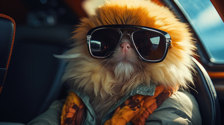 Pomeranian dog in sunglasses sitting on the back seat of the carの素材