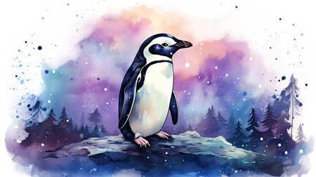 Watercolor Penguin in winter forest.の素材