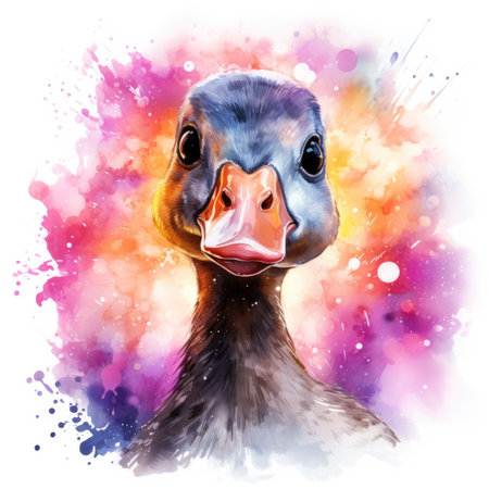Watercolor portrait of a duck on a colorful background.の素材