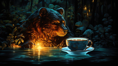 A cup of coffee in the forest with a bear.の素材