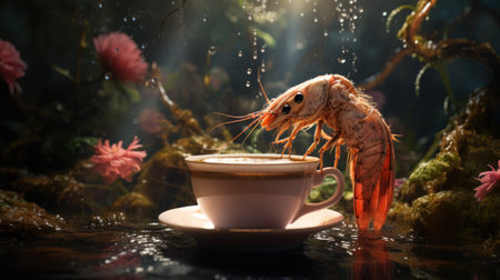 Cup of coffee with shrimp on the background of green plants.の素材