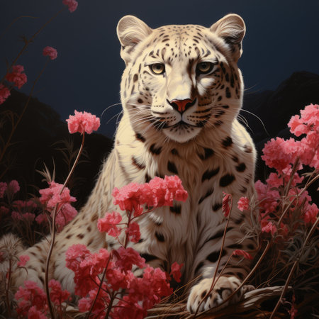 White leopard with red flowers in the forest.の素材