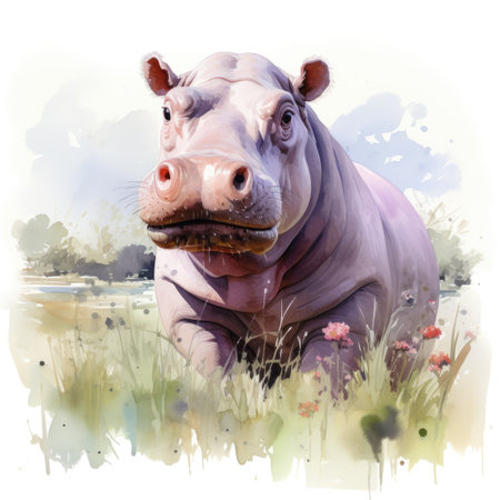 Watercolor Hippopotamus in the meadow.の素材