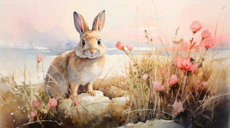 a rabbit in the meadow with poppiesの素材
