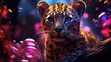 Fantasy portrait of leopard with colorful bokeh background.の素材