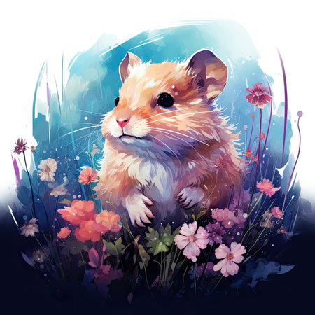 Cute hamster in the meadow with flowers.の素材