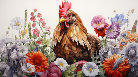 chicken and spring flowers on white background, vintage style, soft focusの素材
