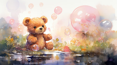 Watercolor Teddy bear in the water with bubbles.の素材