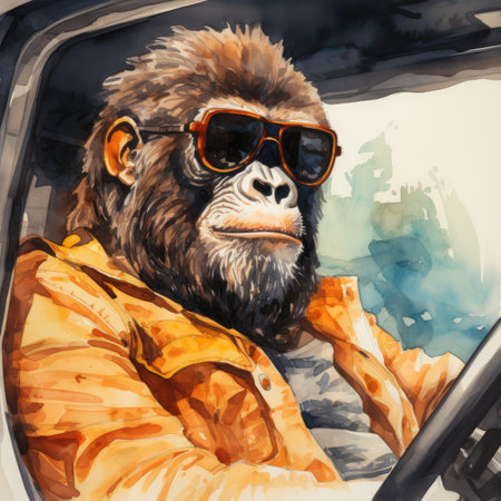 Watercolor Portrait of a gorilla with sunglasses in a car.の素材