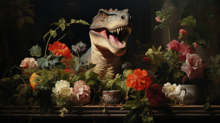 Dinosaur and flowers in front of the window.の素材