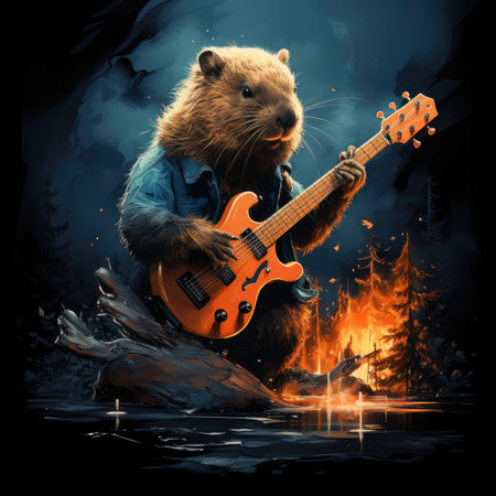 beaver playing the electric guitar on a background of a bonfireの素材