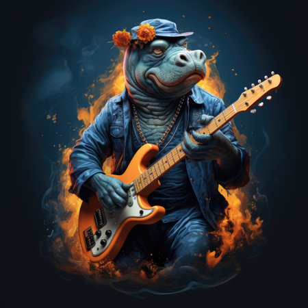 Gorilla playing electric guitar in fire flames on blue background.の素材