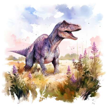 Watercolor dinosaur T-rex in the field.の素材