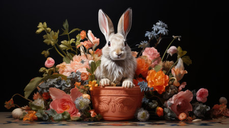 Rabbit in a flowerpot with a bouquet of flowers on a black backgroundの素材