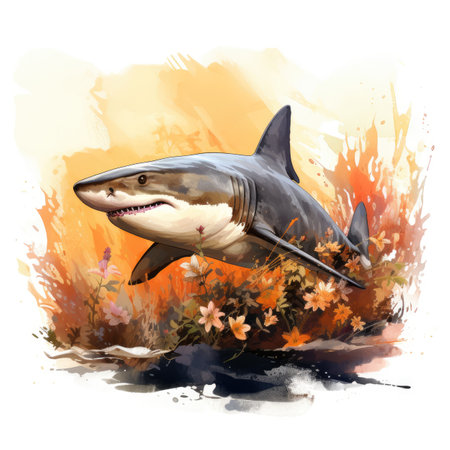 Cartoon shark on the background of a watercolor landscape.の素材