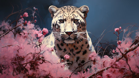 a leopard on a background of cherry blossomsの素材
