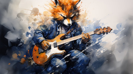 a fox playing the guitar on a grunge backgroundの素材