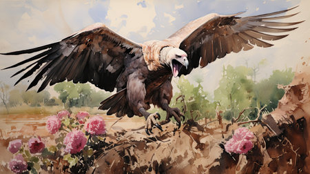 Watercolor griffon vulture in the meadow,の素材