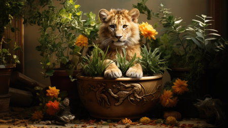 Lion cub in a pot with flowers in front of a windowの素材